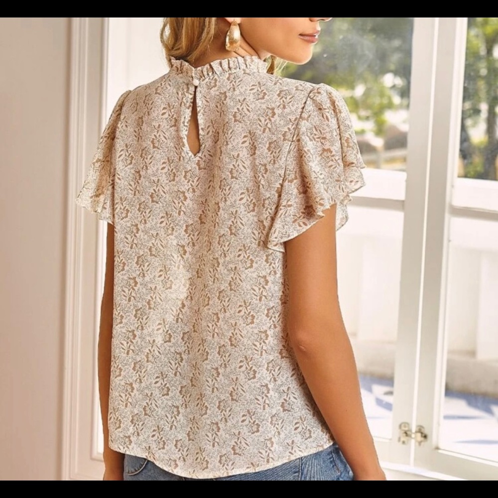 Boho Mock Neck Yellow Floral Print Ruffle Top - Picture 4 of 6